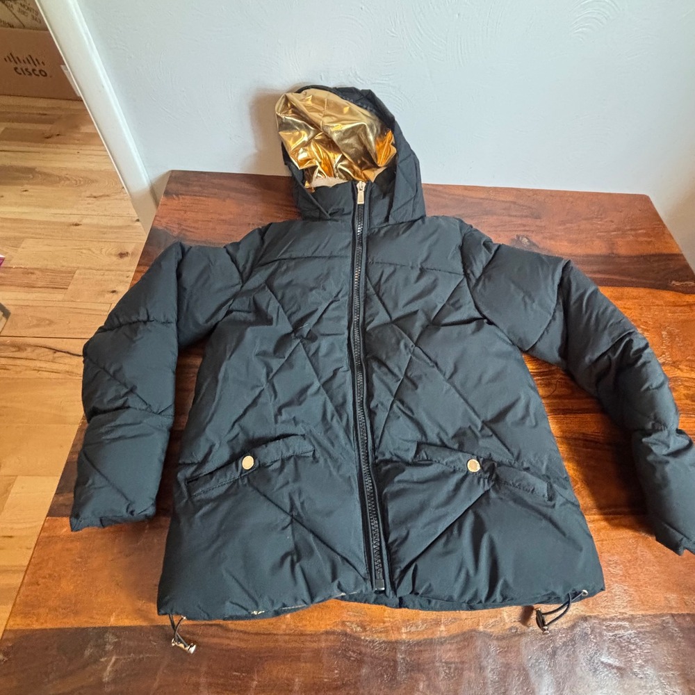 Nicole Miller New York Womens Black Gold Puffer‎ Jacket Metallic Hooded Size M